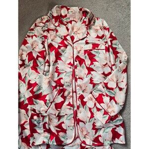 Cabernet by Sleep Sense Red White Floral Satin Long Pajamas Set S